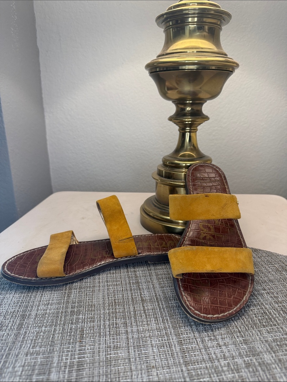 Sam Edelman mustard suede double-strap slide sandals